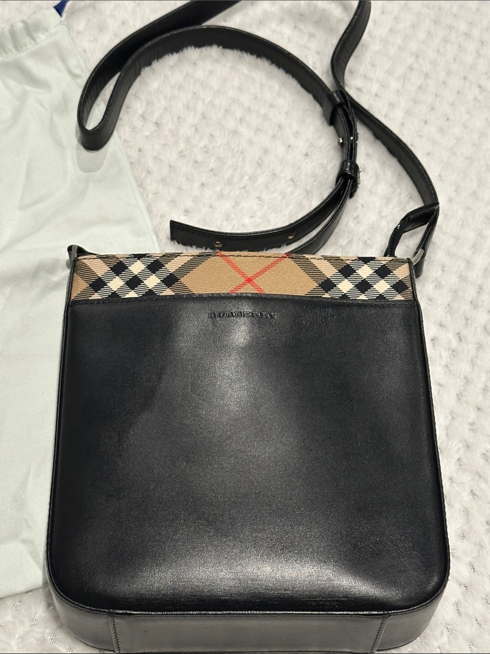 Burberry Black Leather Crossbody with Classic Check Accent